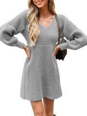 Solid Casual V-neck Honeycomb Lantern Long Sleeve A-line Sweater Dress Fall Dress