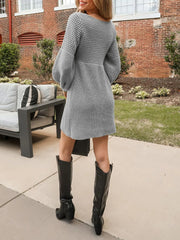 Solid Casual V-neck Honeycomb Lantern Long Sleeve A-line Sweater Dress Fall Dress