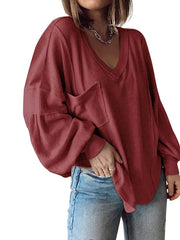 Solid V-neck Lantern Basic Ribbed Knitted Loose Sweater