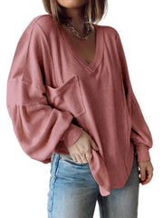 Solid V-neck Lantern Basic Ribbed Knitted Loose Sweater
