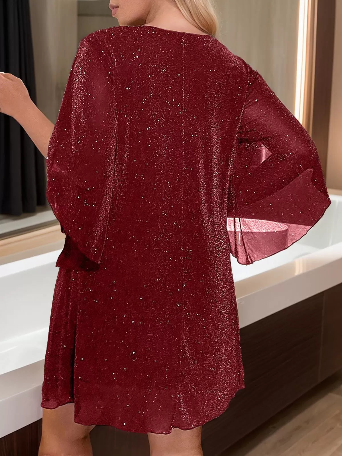 Plus Size Solid V-neck Petal Sleeve Shift Dress