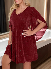 Plus Size Solid V-neck Petal Sleeve Shift Dress