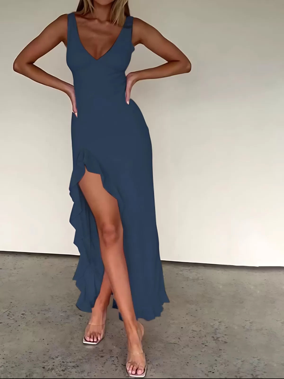 Solid Vacation Ruffles Deep V Neck Side Slit Fitted Dress
