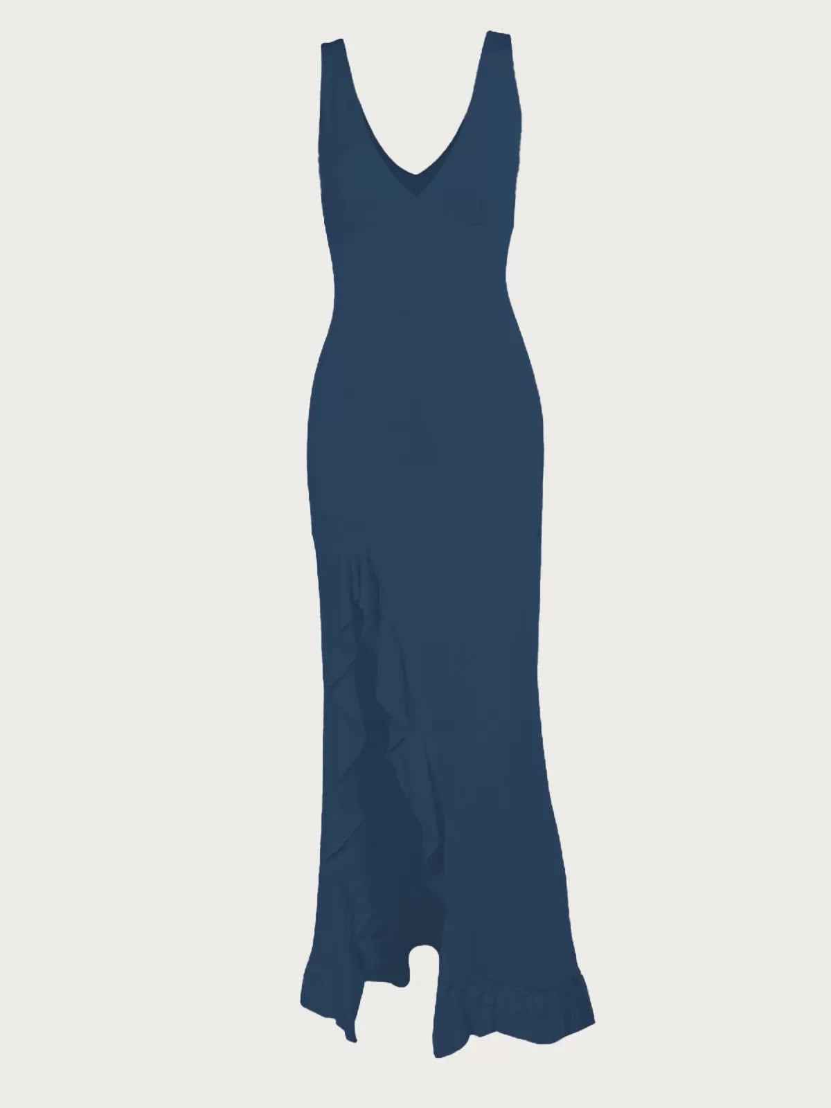 Solid Vacation Ruffles Deep V Neck Side Slit Fitted Dress