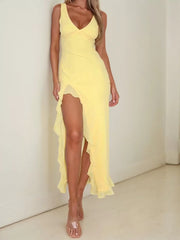Solid Vacation Ruffles Deep V Neck Side Slit Fitted Dress