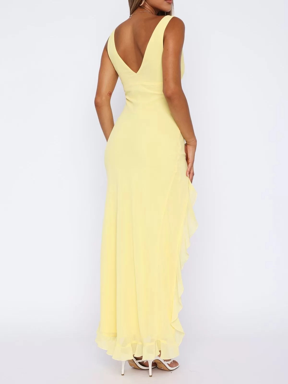 Solid Vacation Ruffles Deep V Neck Side Slit Fitted Dress