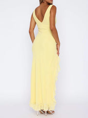 Solid Vacation Ruffles Deep V Neck Side Slit Fitted Dress