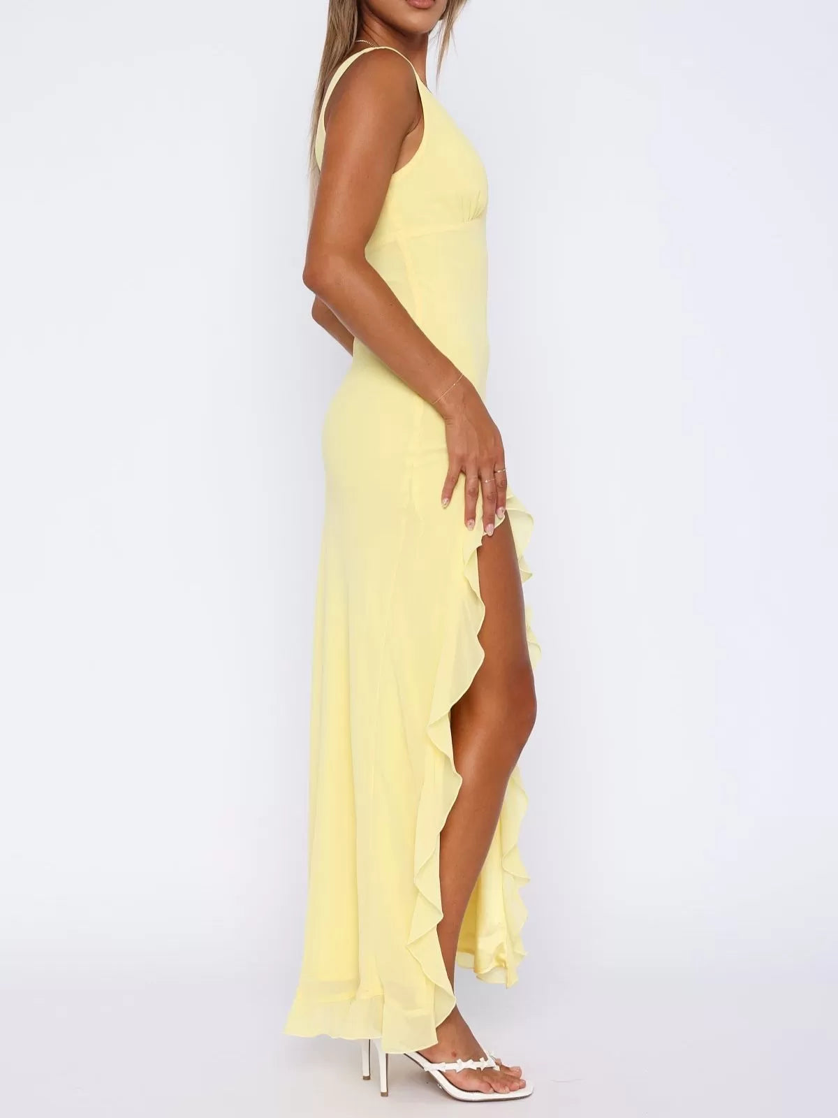 Solid Vacation Ruffles Deep V Neck Side Slit Fitted Dress