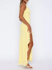 Solid Vacation Ruffles Deep V Neck Side Slit Fitted Dress