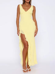 Solid Vacation Ruffles Deep V Neck Side Slit Fitted Dress