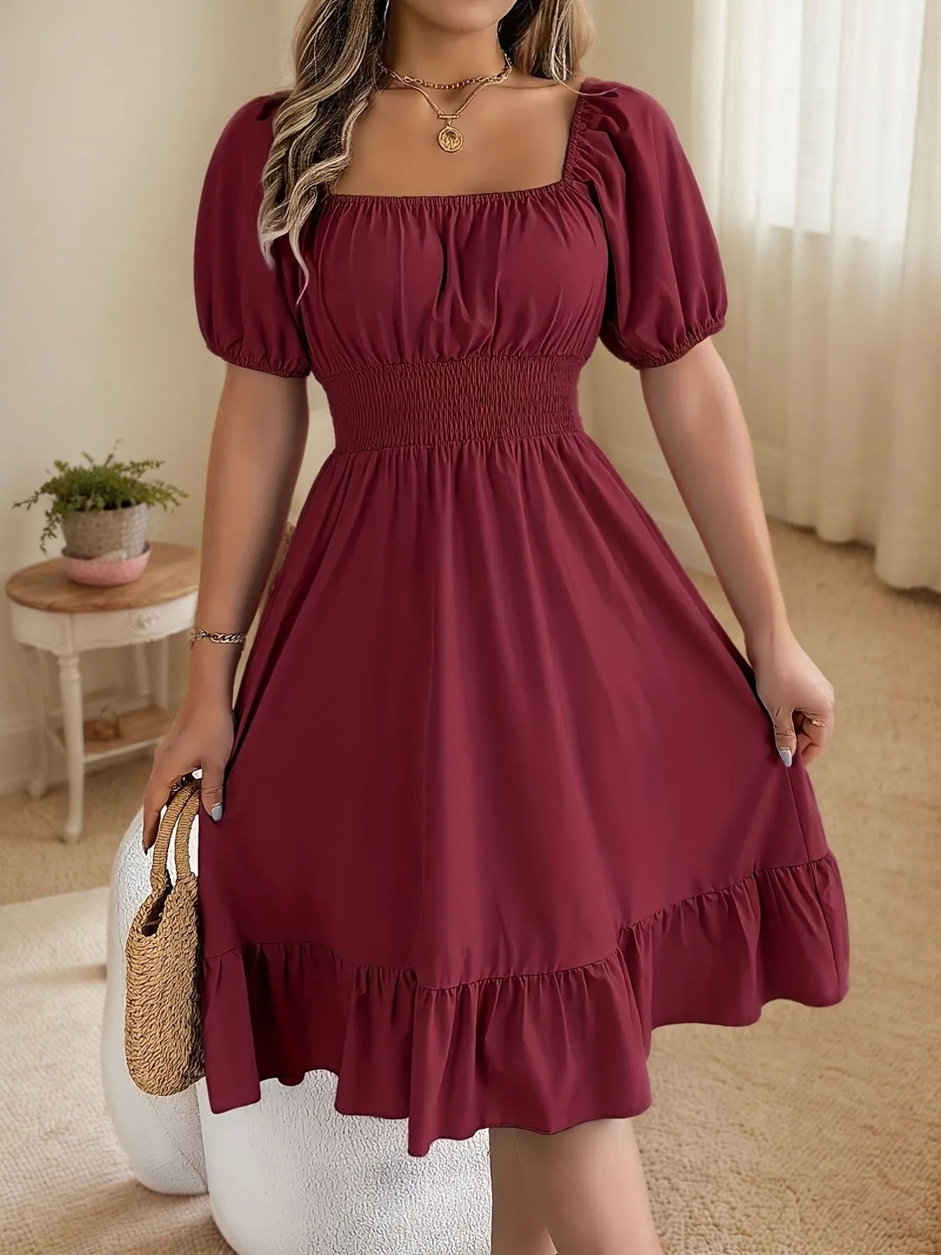 Solid Wrinkle Square Neck Puff A-line Dress