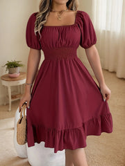 Solid Wrinkle Square Neck Puff A-line Dress