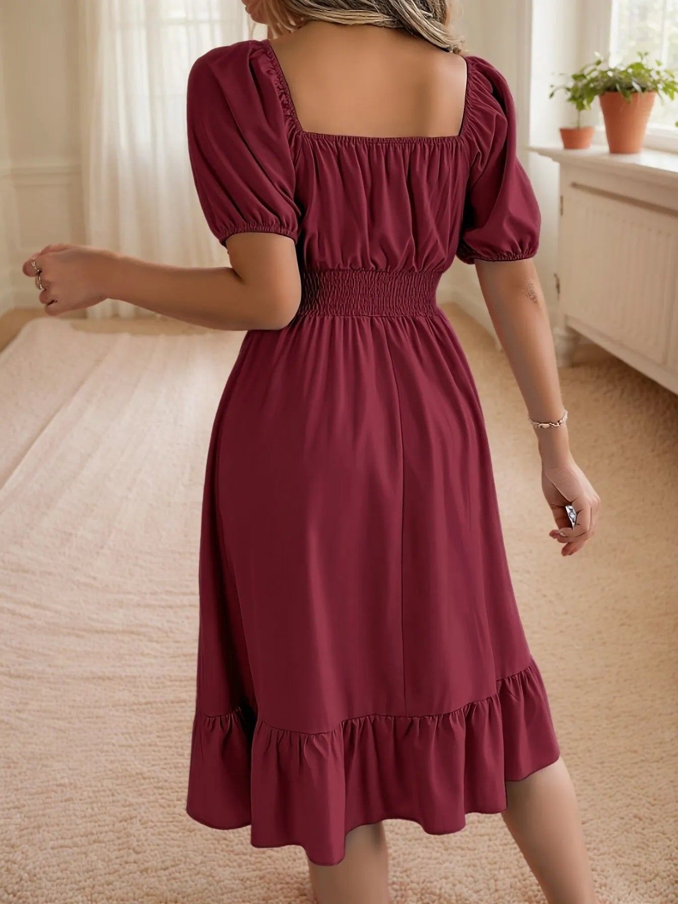 Solid Wrinkle Square Neck Puff A-line Dress