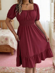 Solid Wrinkle Square Neck Puff A-line Dress
