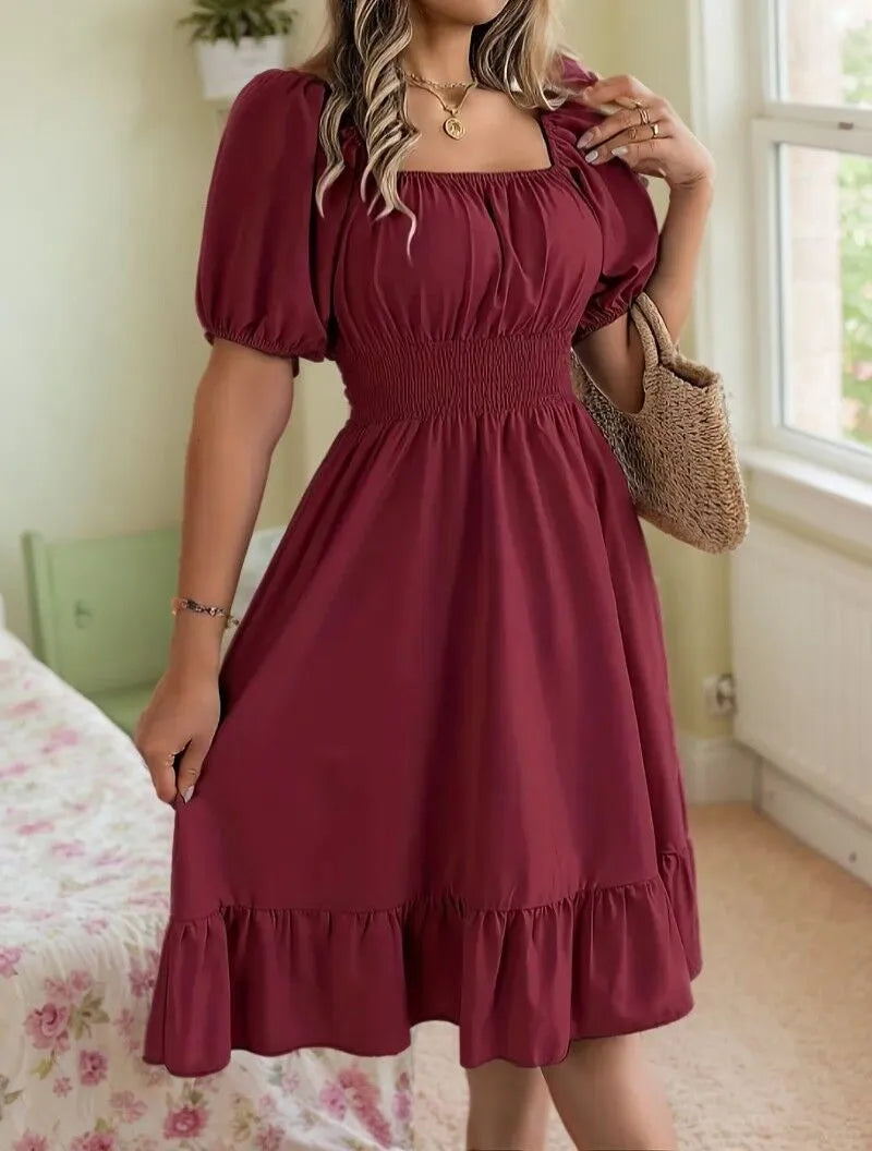 Solid Wrinkle Square Neck Puff A-line Dress