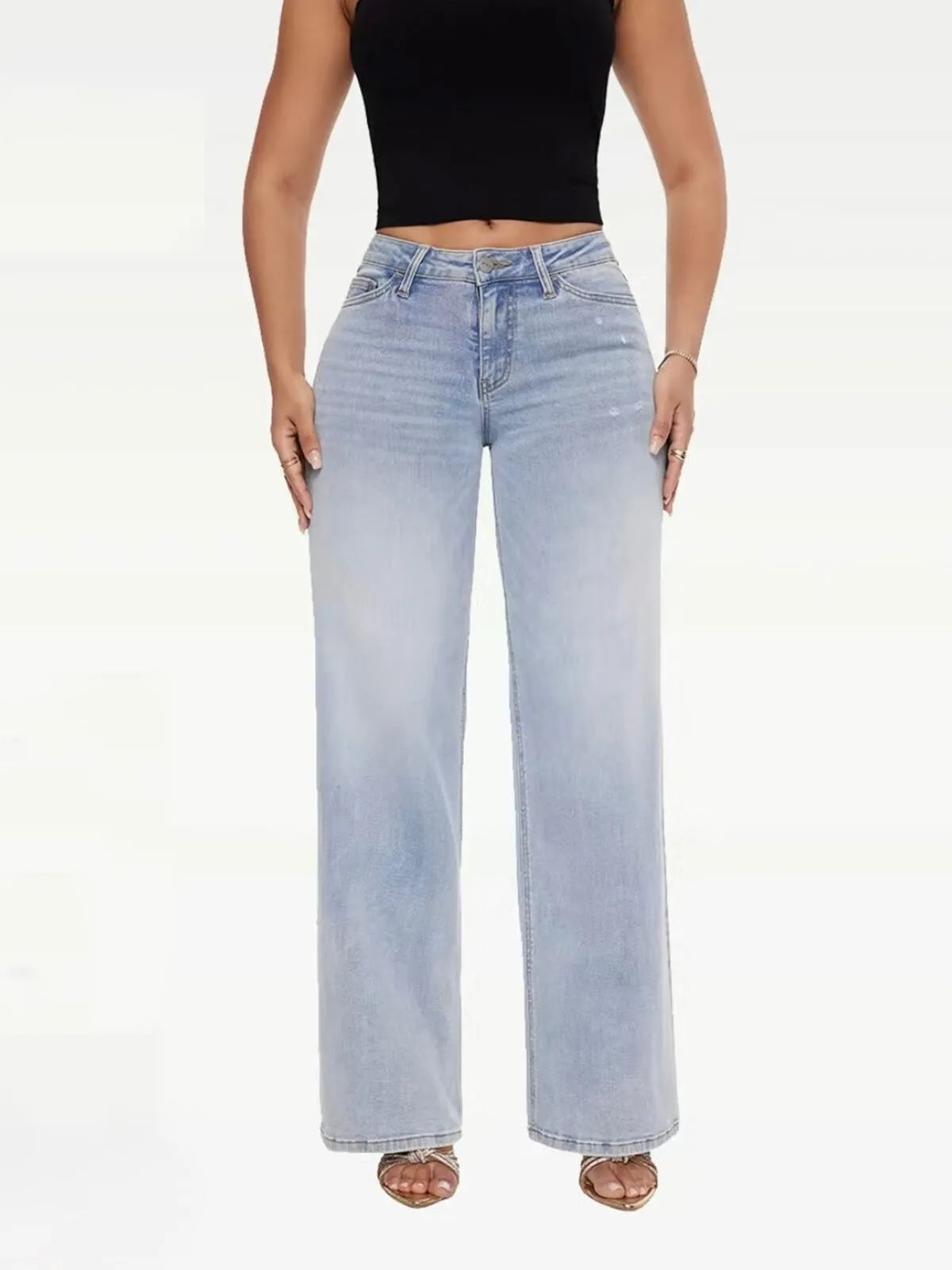 Minimalist Comfortable Stretchy Denim Mid-low Rise Tummy Control Curve Hugging Baggy Wide Leg Jeans