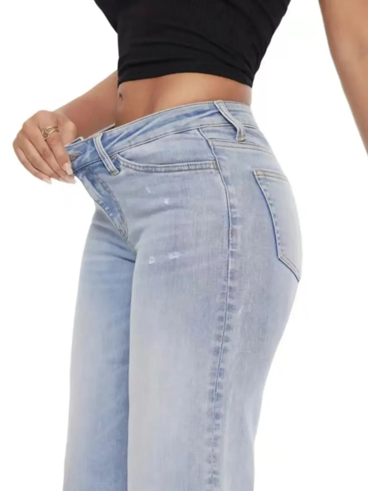 Minimalist Comfortable Stretchy Denim Mid-low Rise Tummy Control Curve Hugging Baggy Wide Leg Jeans