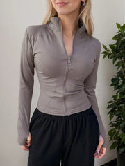 Solid Zipper Lapel Long Sleeve Jacket