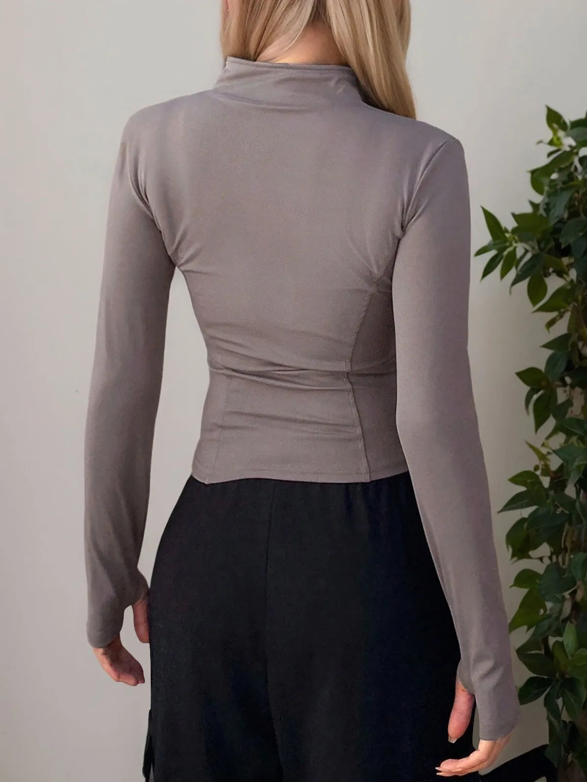 Solid Zipper Lapel Long Sleeve Jacket