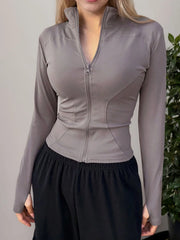 Solid Zipper Lapel Long Sleeve Jacket