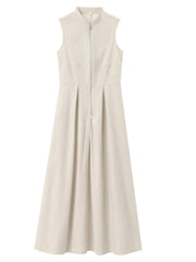 Solid Zipper Round Neck A-line Dress