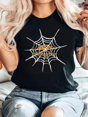 Spider Net Round Neck Letter Happy Halloween T-shirt