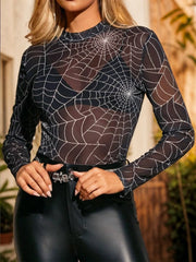 Spider Net Round Neck Regular Sleeve Long Sleeve Blouse