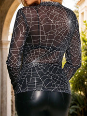Spider Net Round Neck Regular Sleeve Long Sleeve Blouse