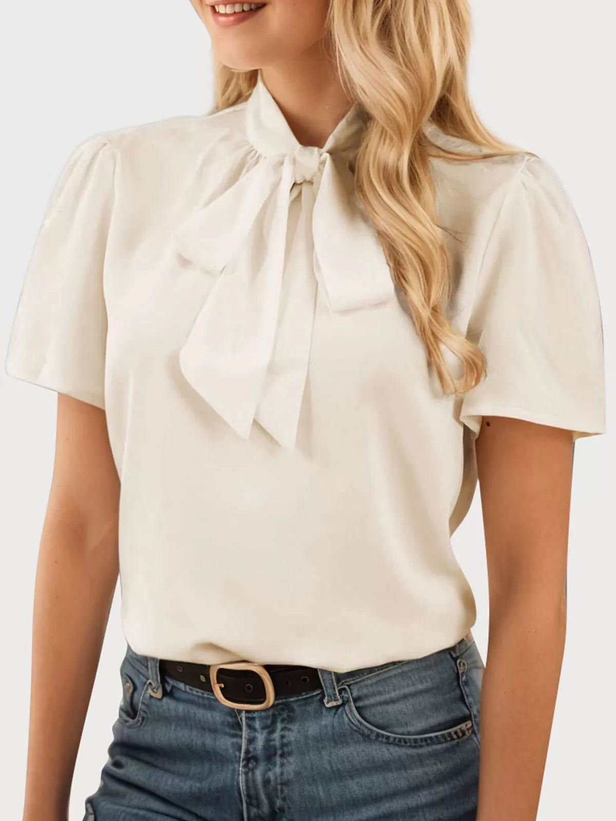 Stand Collar Puff Short Sleeve Blouse