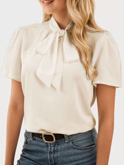 Stand Collar Puff Short Sleeve Blouse