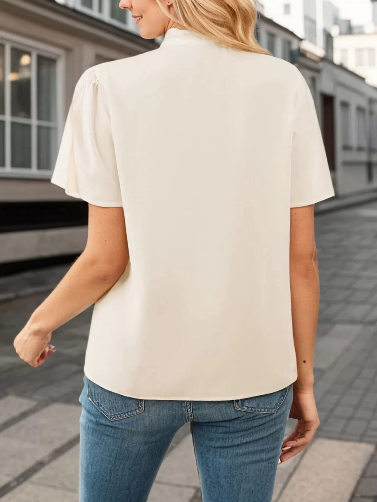 Stand Collar Puff Short Sleeve Blouse