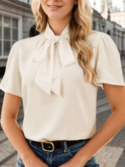 Stand Collar Puff Short Sleeve Blouse