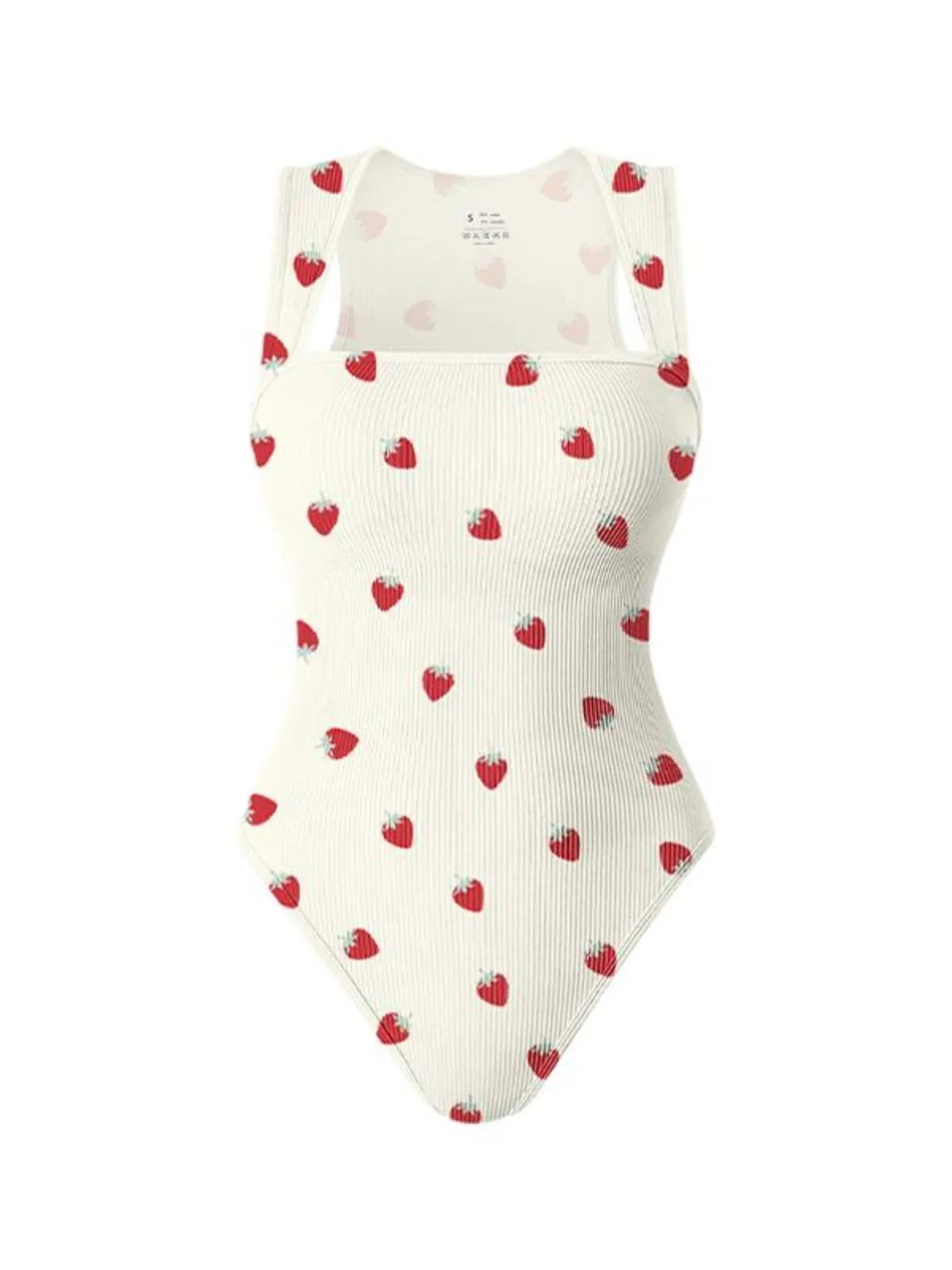 Strawberry Print Sexy Soft Square Neck Design Stretchy Ribbed Bodysuit