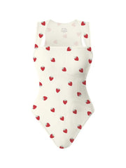 Strawberry Print Sexy Soft Square Neck Design Stretchy Ribbed Bodysuit