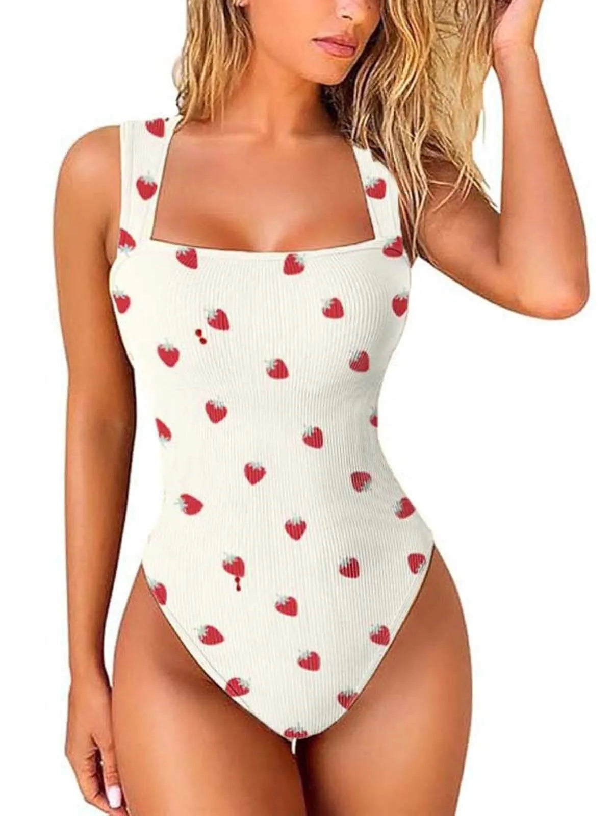 Strawberry Print Sexy Soft Square Neck Design Stretchy Ribbed Bodysuit