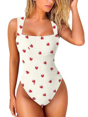 Strawberry Print Sexy Soft Square Neck Design Stretchy Ribbed Bodysuit