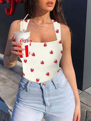 Strawberry Print Sexy Soft Square Neck Design Stretchy Ribbed Bodysuit