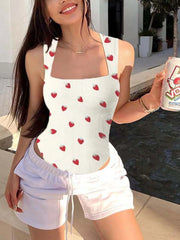 Strawberry Print Sexy Soft Square Neck Design Stretchy Ribbed Bodysuit