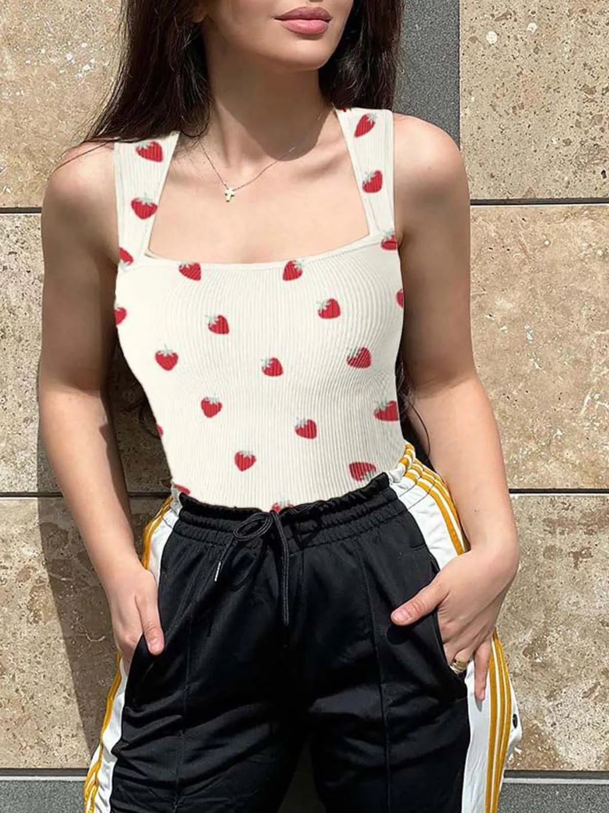 Strawberry Print Sexy Soft Square Neck Design Stretchy Ribbed Bodysuit