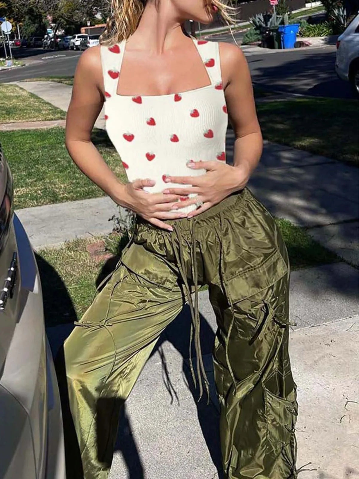 Strawberry Print Sexy Soft Square Neck Design Stretchy Ribbed Bodysuit