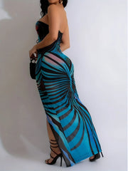 Stripe Geometric Sexy Strapless High Slit Long Bodycon Dress