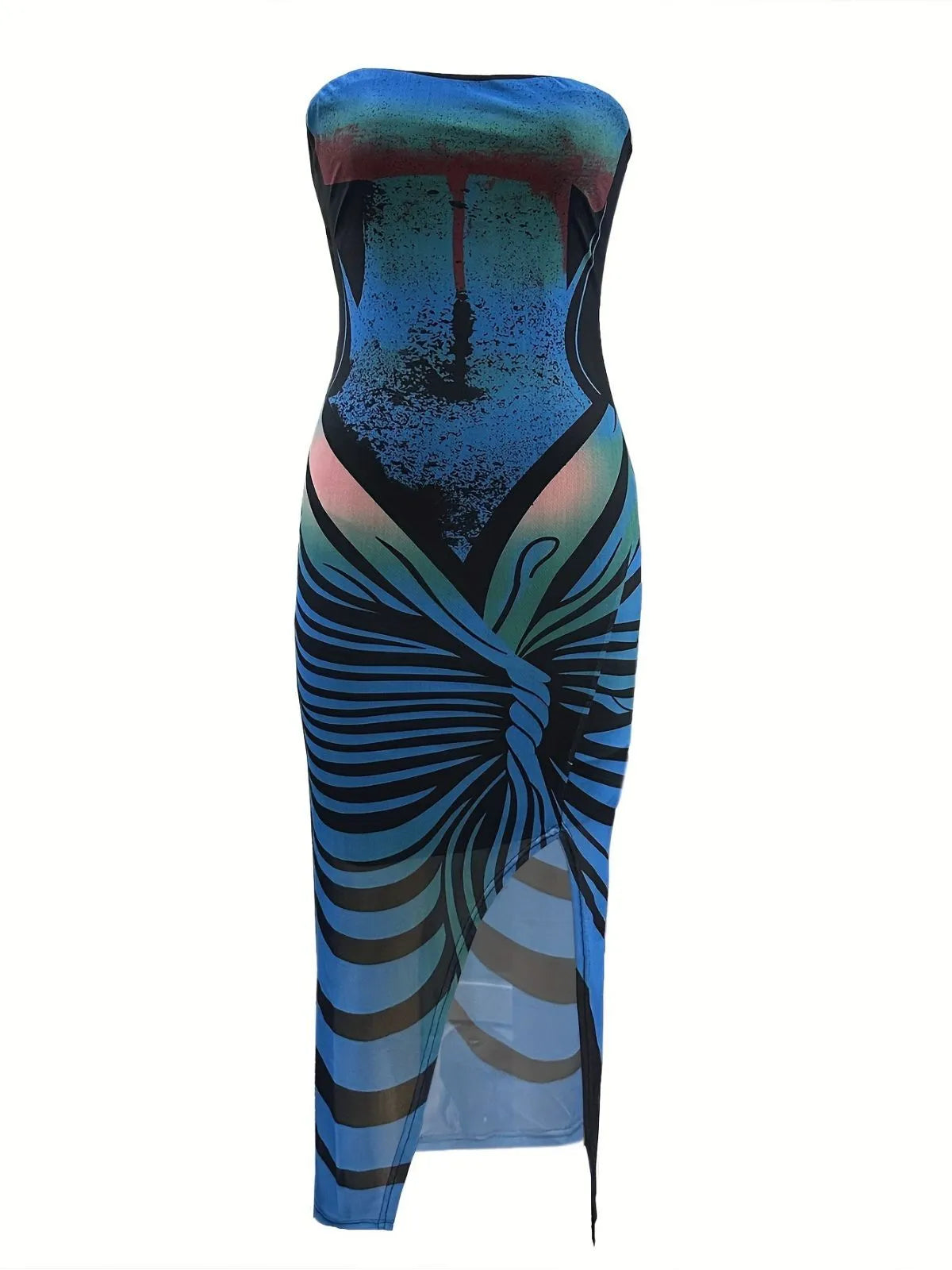 Stripe Geometric Sexy Strapless High Slit Long Bodycon Dress