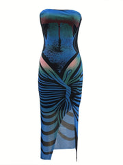 Stripe Geometric Sexy Strapless High Slit Long Bodycon Dress