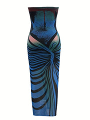 Stripe Geometric Sexy Strapless High Slit Long Bodycon Dress