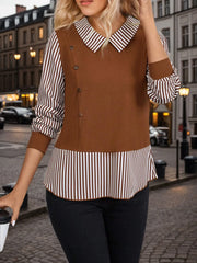 Striped Button Lapel Regular Sleeve Sweater