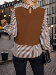 Striped Button Lapel Regular Sleeve Sweater