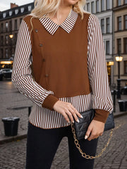Striped Button Lapel Regular Sleeve Sweater