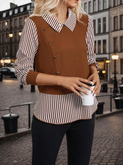 Striped Button Lapel Regular Sleeve Sweater