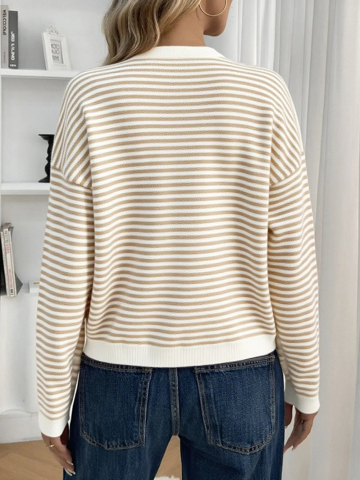 Striped Button Front Open Front Design Round Neck Casual Cardigan Lightweight Fall & Winter Fashion