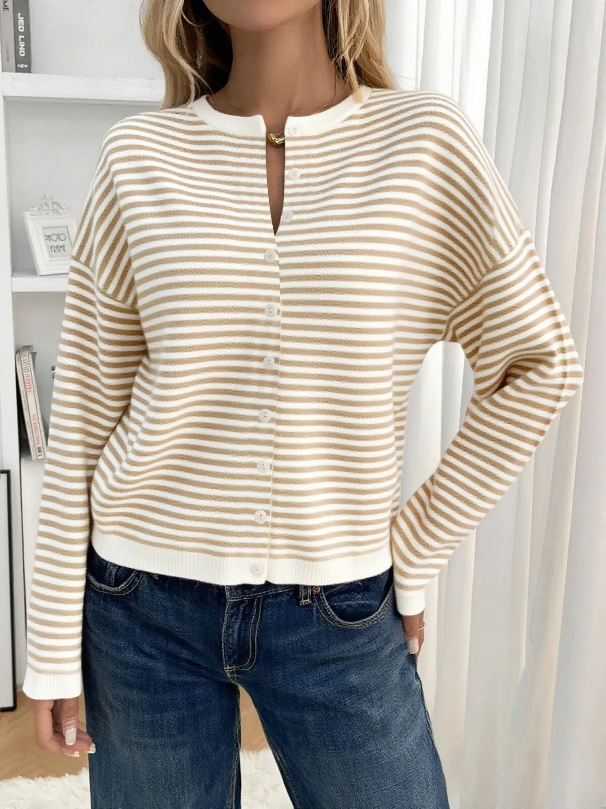 Striped Button Front Open Front Design Round Neck Casual Cardigan Lightweight Fall & Winter Fashion